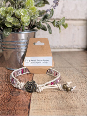 NEW Artisan Boho Single Wrap Double Layer Beaded White Leather Button Bracelet